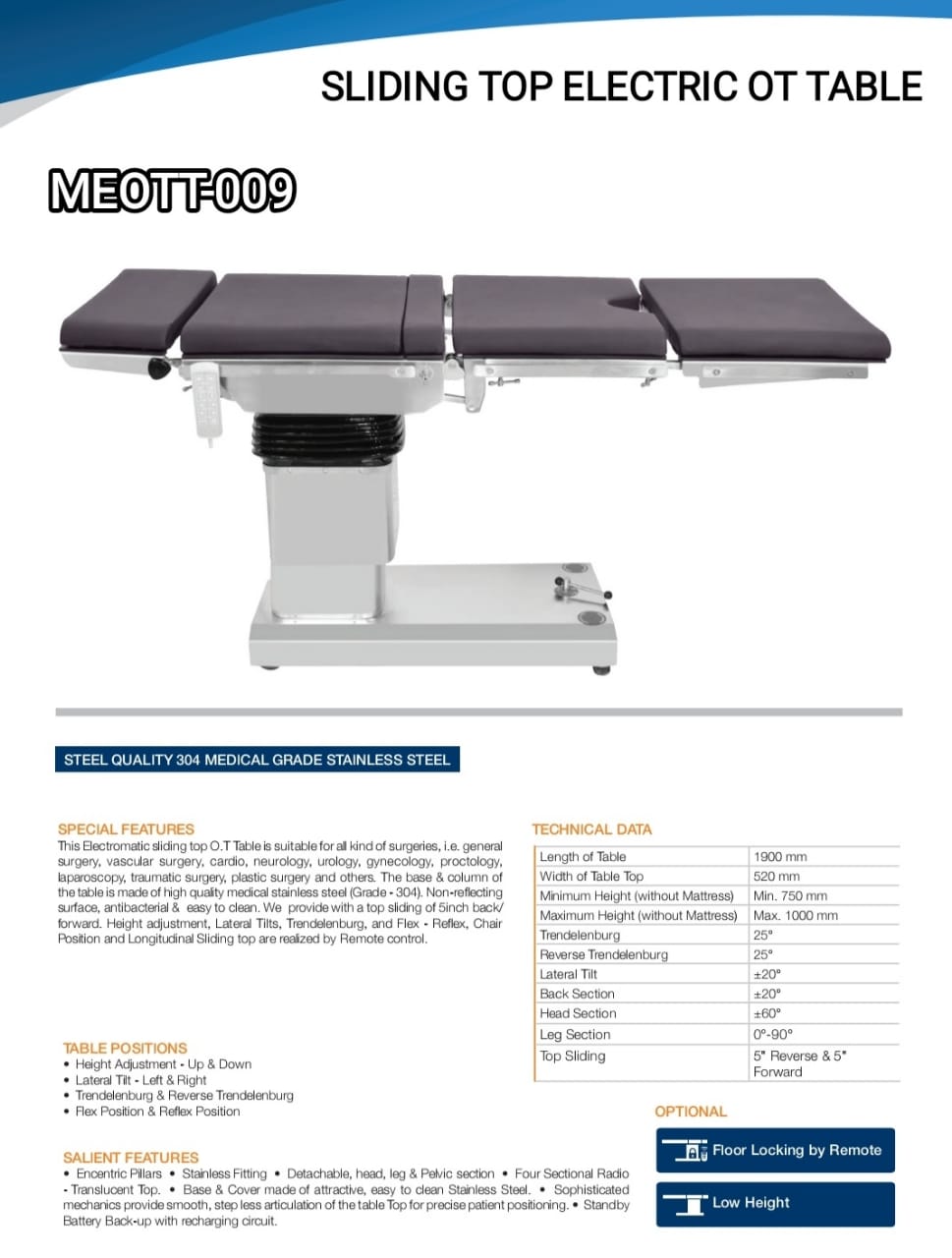 SLIDING TOP ELECTRIC OT TABLE